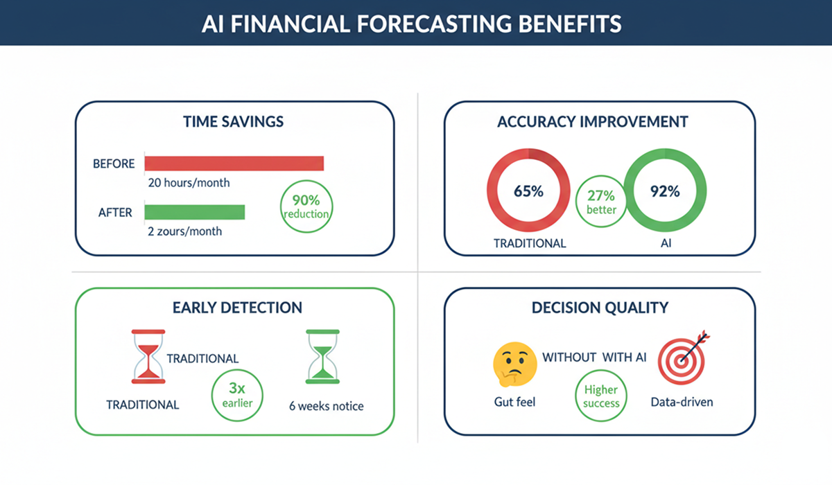 Four key benefits of AI financial forecasting: 90% time savings, 27% accuracy improvement, 3x earlier problem detection, and data-driven decision making
