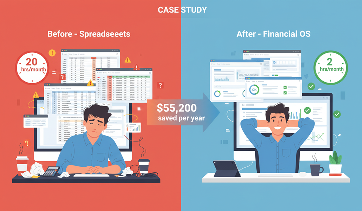 Before and after case study showing founder transition from 20 hours monthly spreadsheet work to 2 hours with financial operating system, saving $55,200 annually
