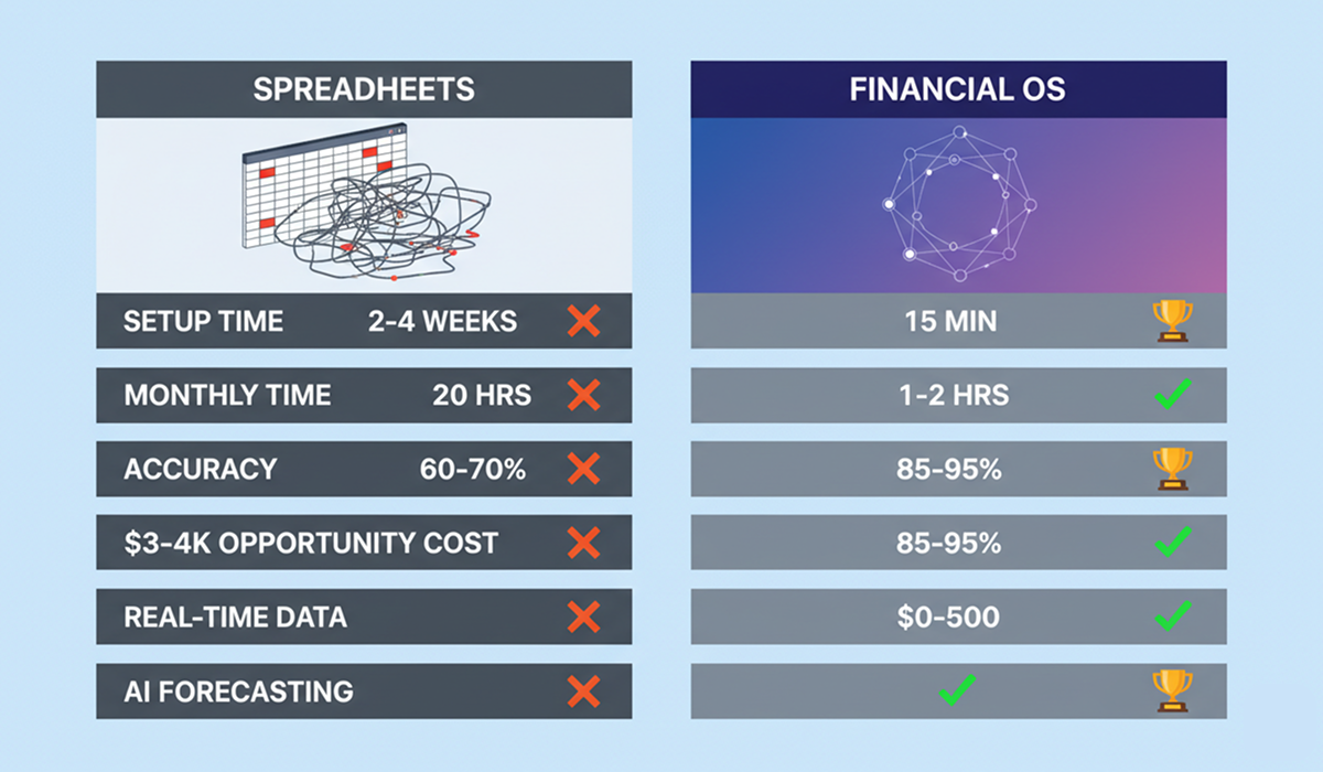 Comprehensive comparison chart showing spreadsheets versus financial operating systems across setup time, accuracy, cost, and features