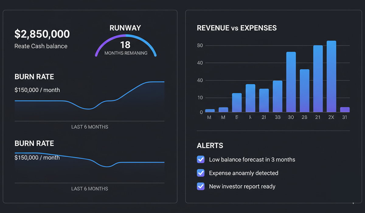 Modern financial operating system dashboard displaying real-time cash flow, runway tracking, and burn rate analytics for startups