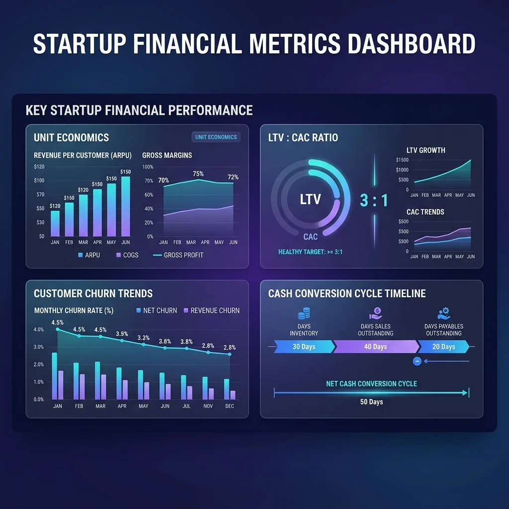 Startup Financial Metrics Dashboard showing unit economics, LTV:CAC, churn trends, and cash conversion cycle timeline