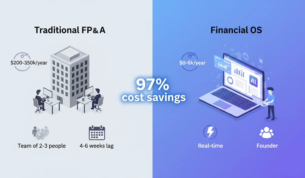 Overview comparison showing traditional FP&A costs $200-350k annually with weeks of lag versus Financial OS at $0-6k with real-time insights