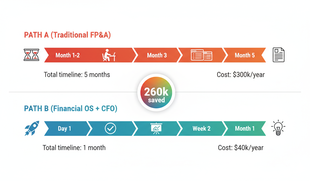 Timeline comparison showing traditional FP&A takes 5 months and $300k versus Financial OS achieving same results in 1 month for $40k