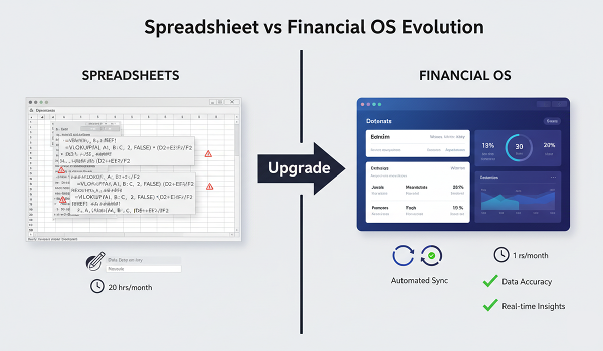 Comparison infographic showing the evolution from manual Excel spreadsheets to automated AI-powered financial operating systems