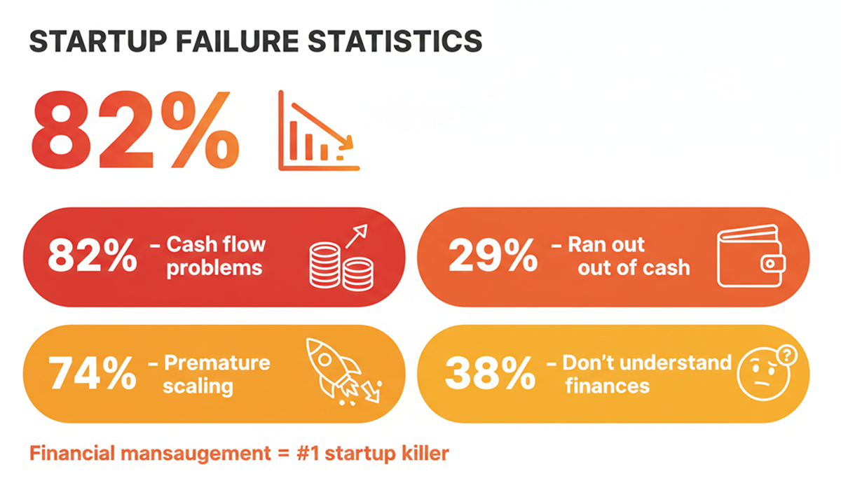 Startup failure statistics showing 82% fail due to cash flow problems, 29% run out of cash, and 74% fail from premature scaling