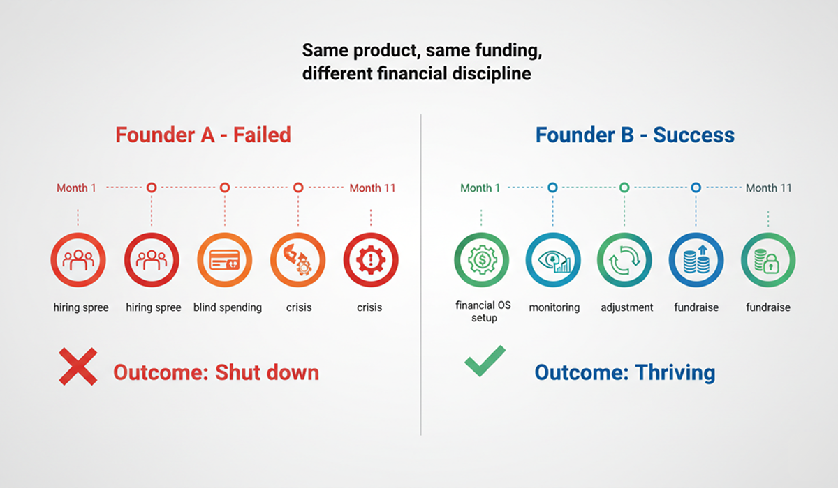 Side-by-side comparison of two founders with identical startups - one failed from poor financial planning, one succeeded with financial discipline